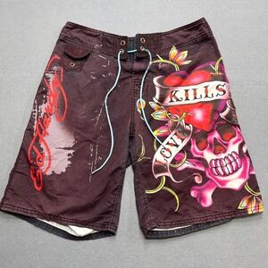 Ed Hardy Board Shorts Men's 34 Brown Love Kills Slowly Skull Tattoo Swim Trunks